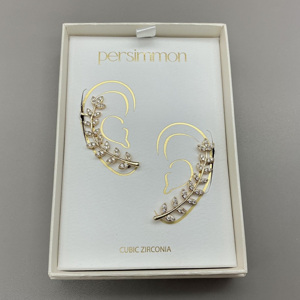 Persimmon Earrings Gold Tone Cubic Zirconia Leaf Climber Cuff Womens Jewelry